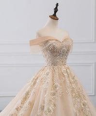 Wedding Dresses Cost, Champagne Off Shoulder Tulle Lace Long Wedding Dress, Wedding Gown