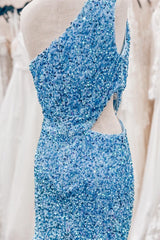 Formal Dressing Style, Sky Blue One Shoulder Sequins Sheath Cut-Out Homecoming Dress