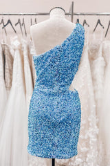 Formal Dresses Outfits, Sky Blue One Shoulder Sequins Sheath Cut-Out Homecoming Dress