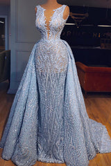 Prom Dresses 14, Elegant Blue Lace Sleeveless Deep V Neck Prom Dresses Party Dresses