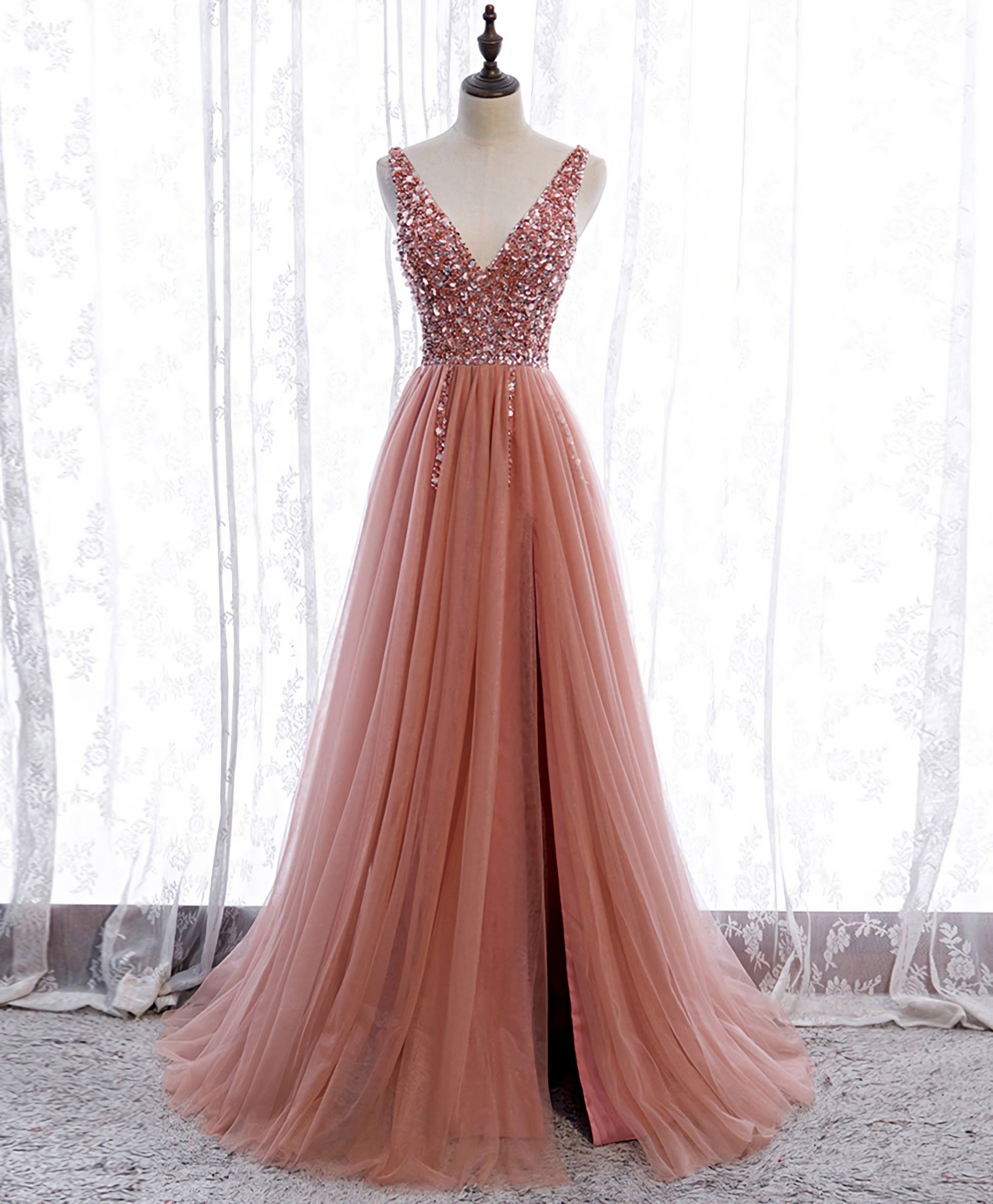 Homecoming Dress Boutiques, Pink V Neck Tulle Sequin Long Prom Dress, Pink Formal Dress
