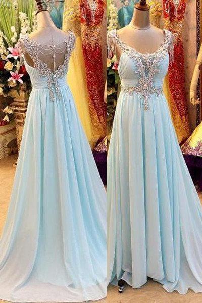 Bridesmaid Dresses Gowns, A-Line/Princess V-Neck Sleeveless Sweep/Brush Train Chiffon 2024 Blue Prom Dresses