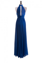 Party Dress Long, Royal Blue Chiffon Halter Keyhole Long Formal Dress
