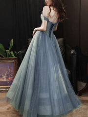 Homecomming Dresses Vintage, A Line Sweetheart Neck Gray Blue Tulle Long Prom Dress, Blue Evening Dress