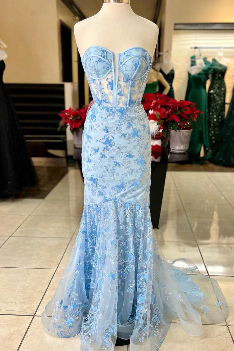 Homecoming Dress Under 68, Light Blue Lace Sweetheart Trumpet Long Prom Dress
