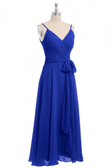 Party Dress Size 166, Royal Blue V-Neck Spaghetti Straps Tea-Length Bridesmaid Dress