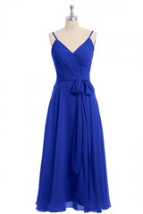 Party Dresses Size 37, Royal Blue V-Neck Spaghetti Straps Tea-Length Bridesmaid Dress