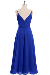 Party Dress Size 170, Royal Blue V-Neck Spaghetti Straps Tea-Length Bridesmaid Dress