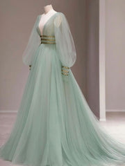 Party Dress Couple, Green V Neck Tulle Sequin Long Prom Dress