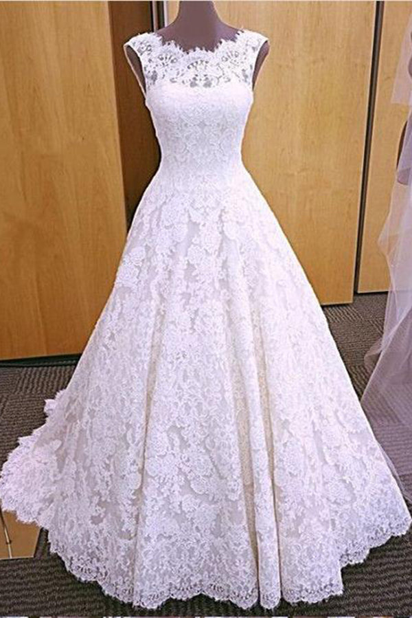 Wedding Dresses For Beach Wedding, Chic Round Neck Open Back A Line Sleeveless Lace Appliques Wedding Dresses