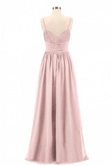 Party Dress Cocktail, Dusty Pink Spaghetti Straps Banded Waist Long Bridesmaid Dress