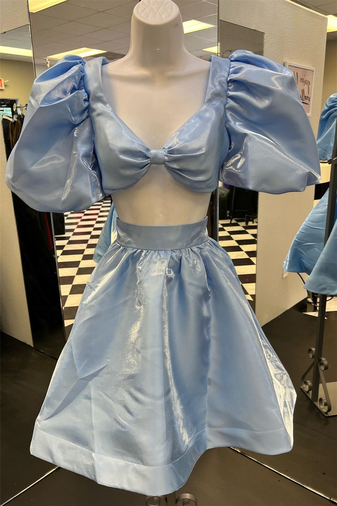 Homecoming Dresses Simpl, Light Blue Two-Piece Puff Sleeves A-line Homecoming Dress
