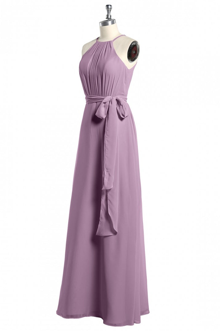 Party Dress Outfit Ideas, Dusty Purple Halter Keyhole Back Long Bridesmaid Dress