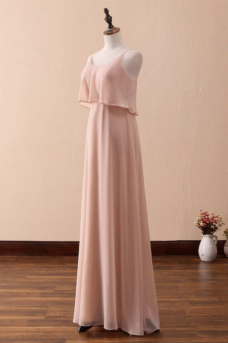 Bridesmaid Dresses Sleeveless, Blush Pink Spaghetti Strap Ruffled Long Bridesmaid Dress