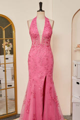 Bridesmaid Dresses 2043, Pink Plunging Halter Appliques Mermaid Long Prom Dress with Slit