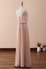 Bridesmaids Dresses Uk, Blush Pink Spaghetti Strap Ruffled Long Bridesmaid Dress