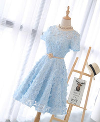 Light Blue Dress, Cute Blue Lace Short Prom Dress, Blue Homecoming Dress
