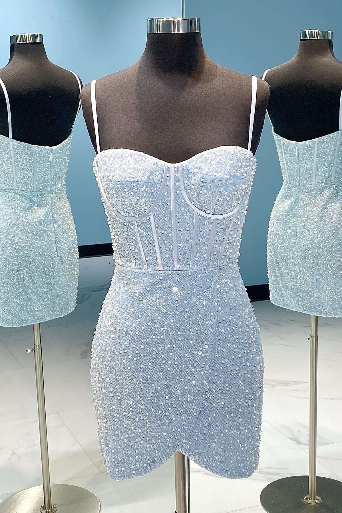 Homecomming Dresses Lace, Light Blue Sequin Straps Bodycon Short Homecoming Dress
