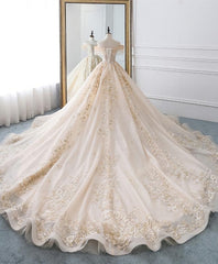 Wedding Dress Shoe, Champagne Off Shoulder Tulle Lace Long Wedding Dress, Wedding Gown