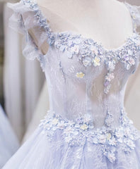 Evening Dress Suit, Light Blue Tulle Lace Long Prom Dress, Blue Evening Dress