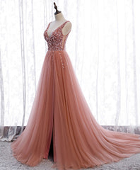 Homecoming Dress With Tulle, Pink V Neck Tulle Sequin Long Prom Dress, Pink Formal Dress
