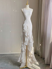 Wedding Dress With Long Sleeves, White Sheath Halter Backless Wedding Dress