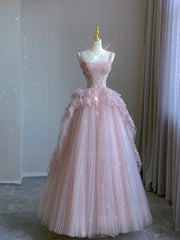 Prom Dress 3 11 Sleeves, Pink tulle lace long prom dress, pink evening dress