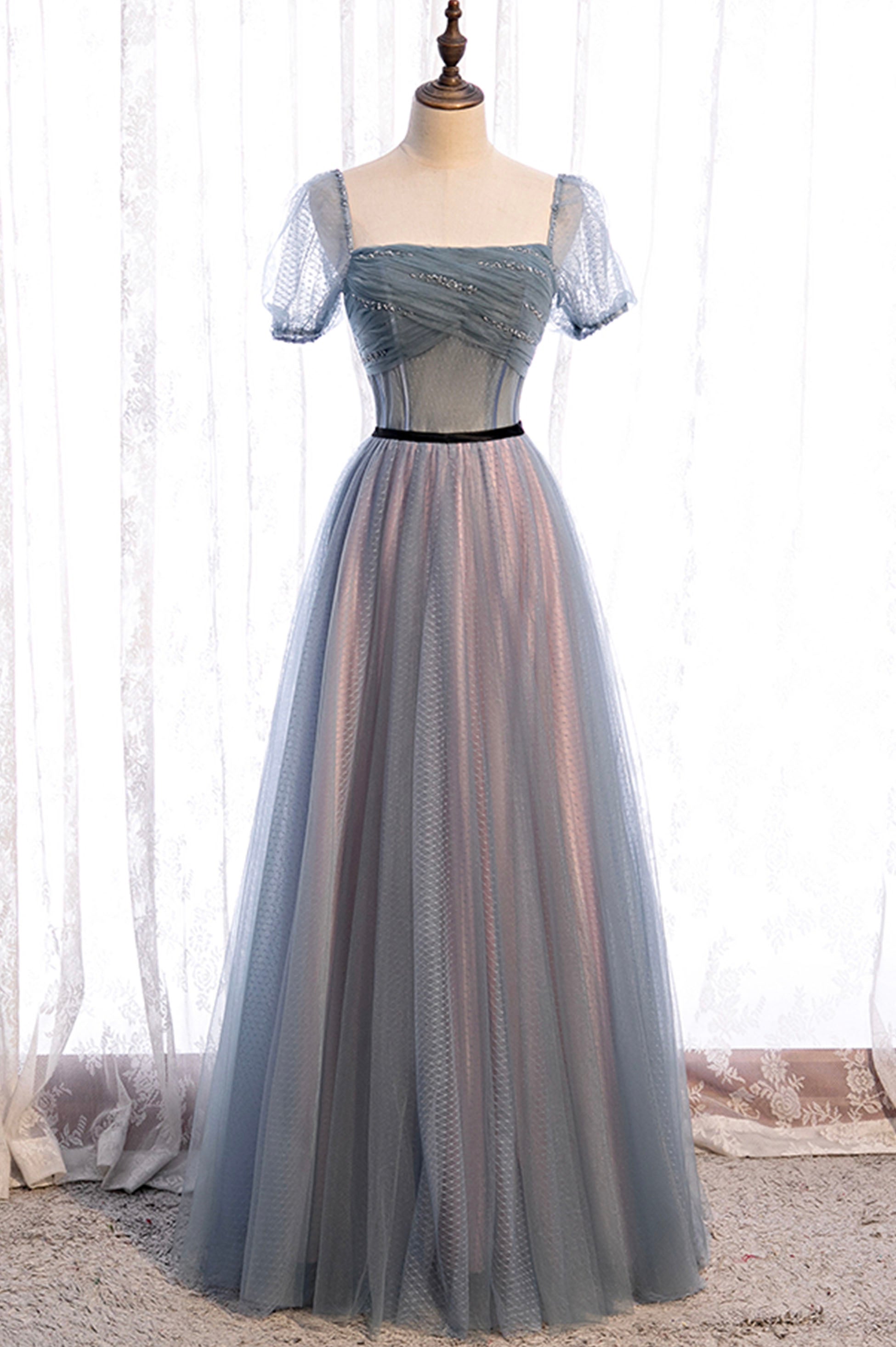Prom Dresses Elegent, Gray Blue Tulle Long A-Line Prom Dress, Cute Short Sleeve Evening Dress