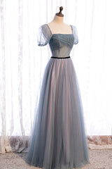 Prom Dress Shopping Near Me, Gray Blue Tulle Long A-Line Prom Dress, Cute Short Sleeve Evening Dress