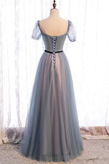 Prom Dress Shops Near Me, Gray Blue Tulle Long A-Line Prom Dress, Cute Short Sleeve Evening Dress