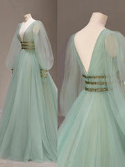 Winter Dress, Green V Neck Tulle Sequin Long Prom Dress
