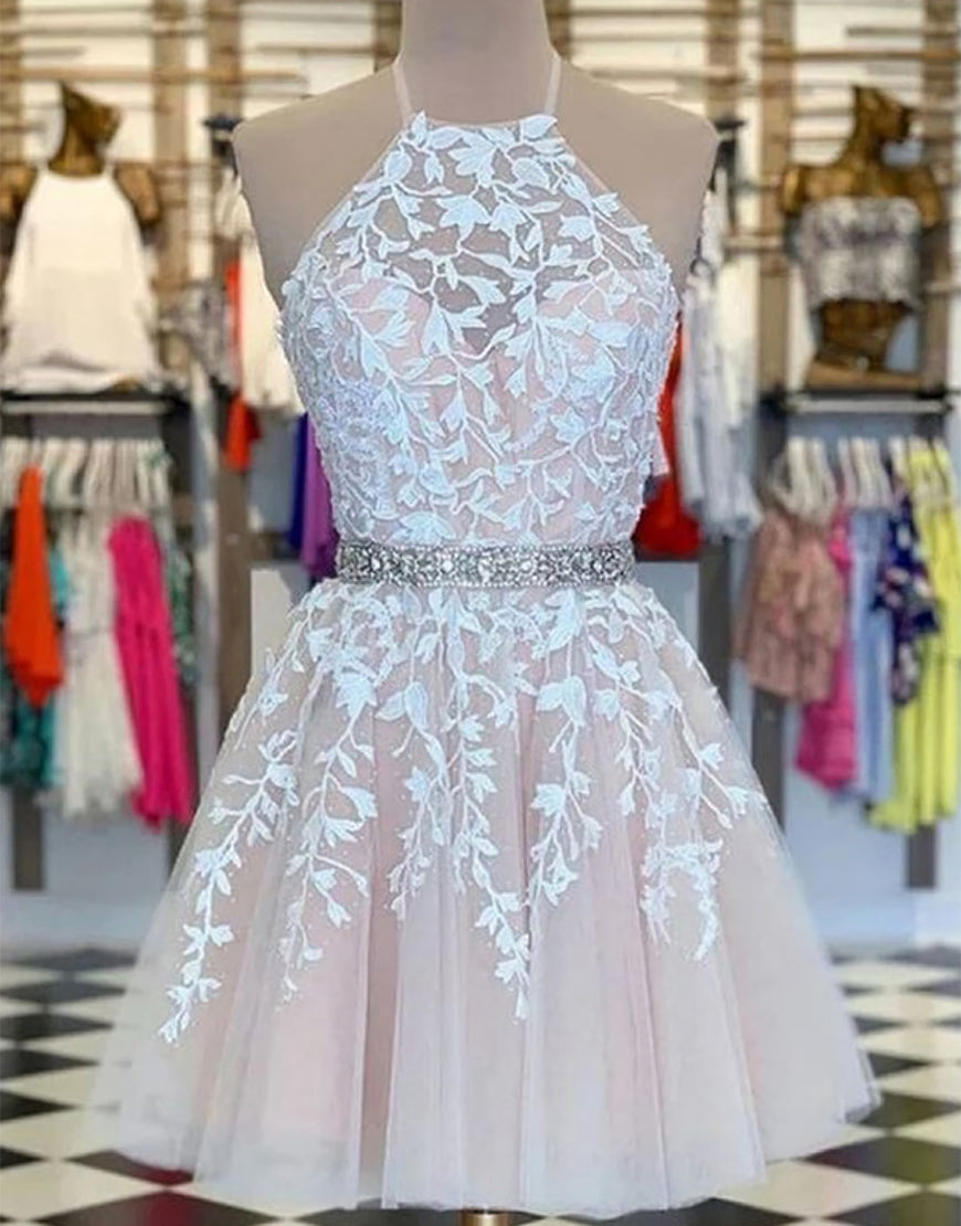 White Dress Outfit, A-Line Pink Tulle Short Party Dress With Appliques
