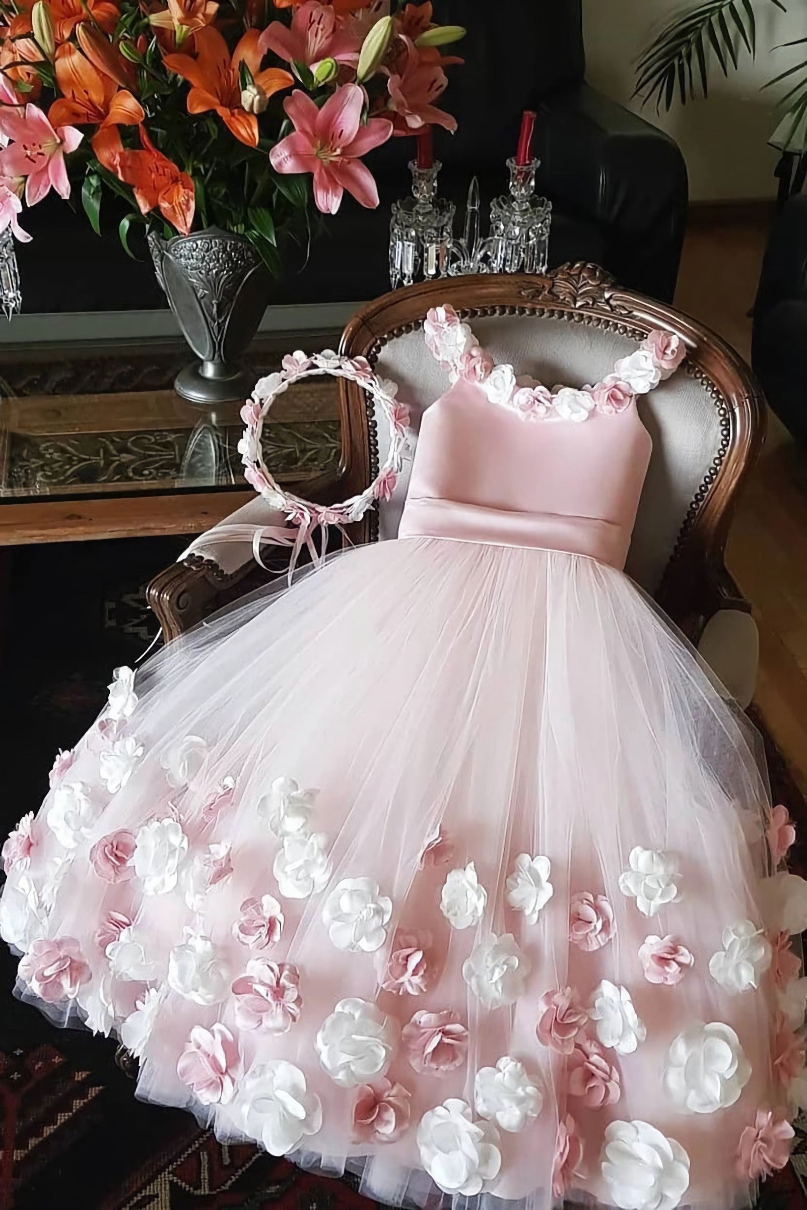 Wedding Dresses Brides, A Line Round Neck Pink Hand Made Flowers Flower Girl Dresses, Tulle Wedding Party Dresses, Srs15019