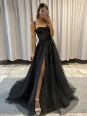 Cocktail Dress, Black Sweetheart Neck Tulle Long Prom Dress