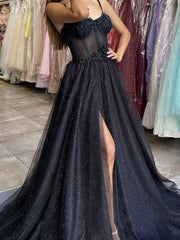 Ball Gown, Black Sweetheart Neck Tulle Long Prom Dress