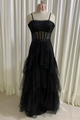 Summer Dress, Black Prom Dress, Elegant A-line Layered Tulle Prom Dresses,Sheer Corset Long Evening Dress
