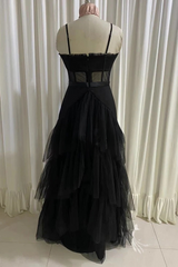 Prom Dress Gold, Black Prom Dress, Elegant A-line Layered Tulle Prom Dresses,Sheer Corset Long Evening Dress