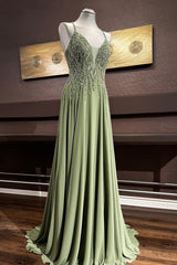 Party Dress Luxury, Dusty Sage Beaded Cross Back V Neck Seqins-Embroidery Long Prom Dress