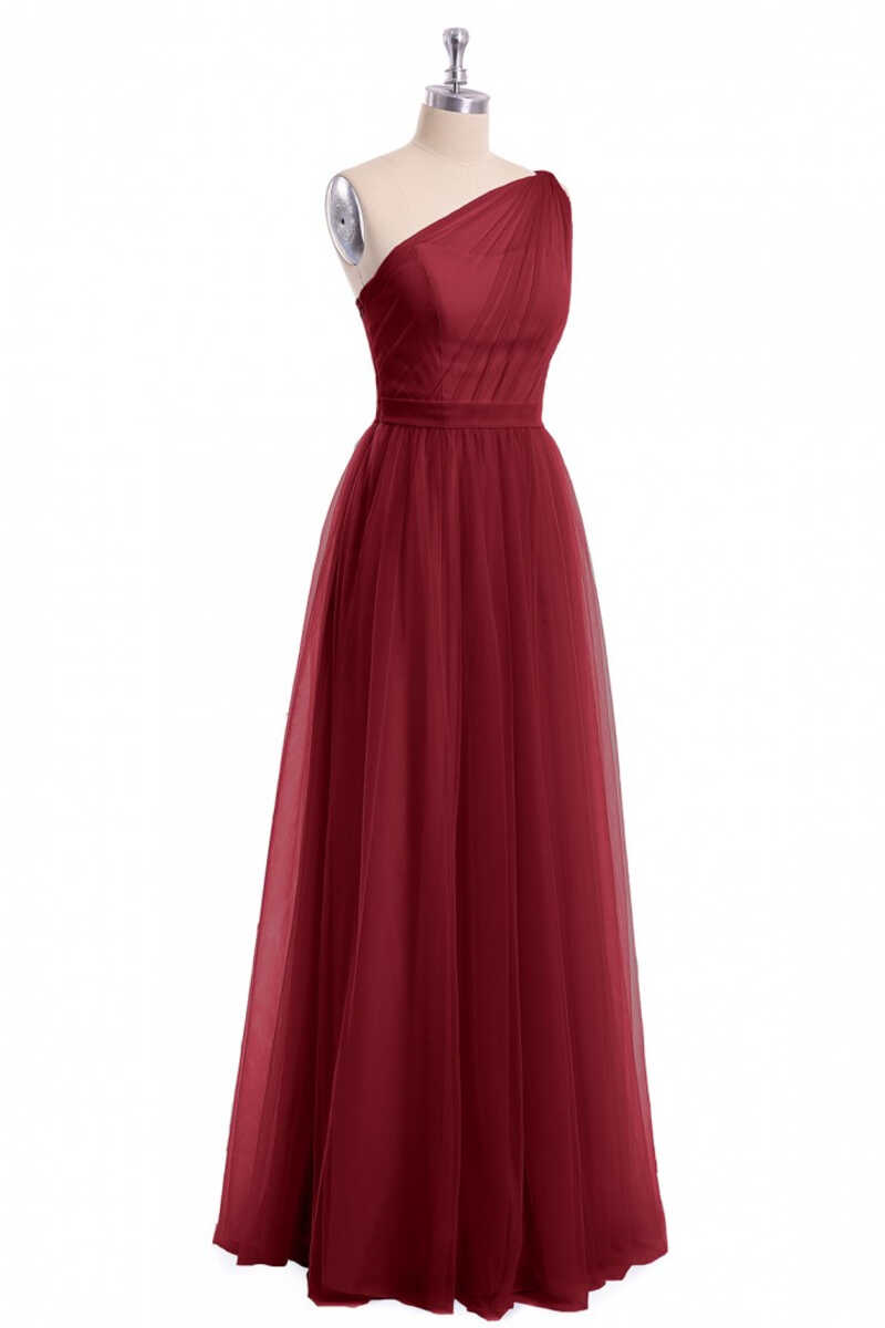 Homecoming Dress Classy Elegant, Wine Red Tulle One-Shoulder A-Line Bridesmaid Dress