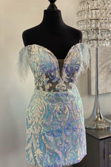Homecomeing Dresses Short, Light Blue Off-the-Shoulder Sequin-Embroidered Feathers Homecoming Dress