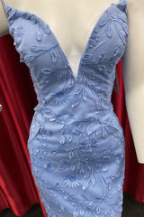 Dress, Periwinkle Appliques Plunge V Lace-Up Homecoming Dress