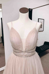 Bridesmaid Dresses For Girls, Blushing Pink A-line Plunging V Neck Tulle Long Prom Dress with Beaded Sash