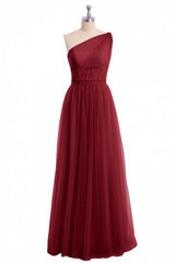 Homecoming Dress Shop, Wine Red Tulle One-Shoulder A-Line Bridesmaid Dress