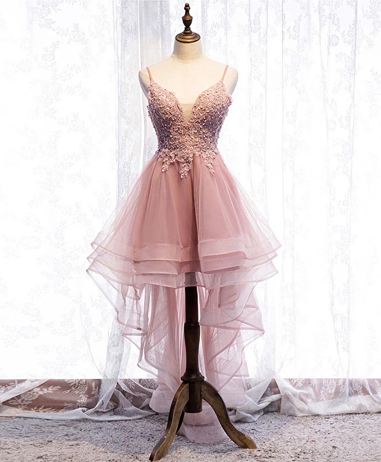 Homecoming Dresses Aesthetic, Pink Tulle Lace High Low Prom Dress, Pink Homecoming Dress, 1