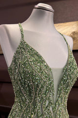 Party Dress Aesthetic, Dusty Sage Beaded Cross Back V Neck Seqins-Embroidery Long Prom Dress
