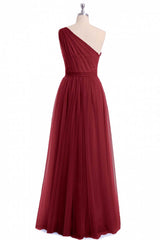 Homecoming Dresses Aesthetic, Wine Red Tulle One-Shoulder A-Line Bridesmaid Dress
