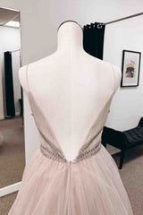 Bridesmaid Dress Red, Blushing Pink A-line Plunging V Neck Tulle Long Prom Dress with Beaded Sash