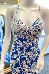 Party Dresses Online Shopping, Royal Blue Mermaid V Neck Lace-Up Back Appliques Long Prom Dress
