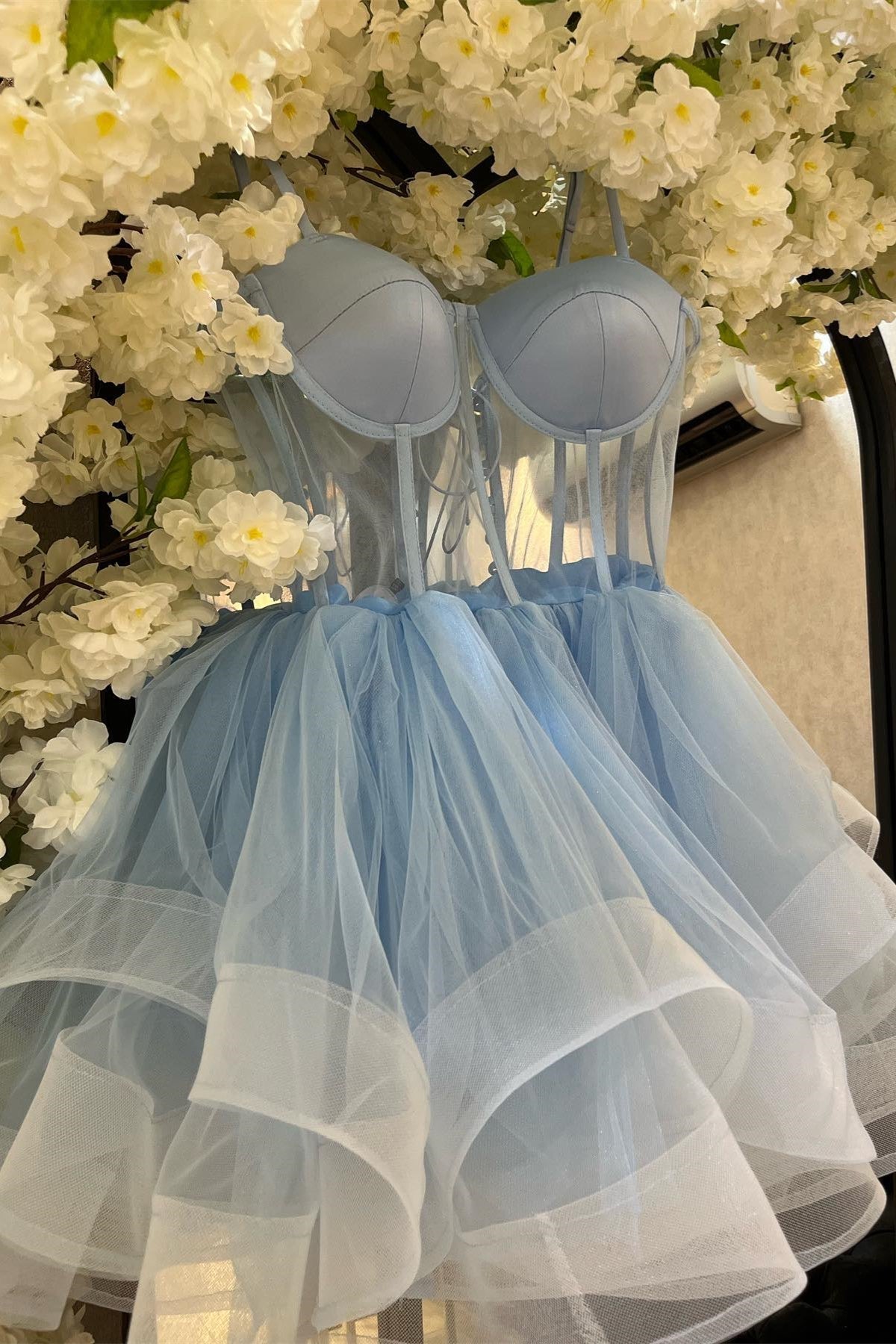 Homecoming Dresses Short, Light Blue A-line Illusion Tulle Homecoming Dress