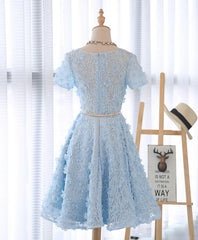 Ruffle Dress, Cute Blue Lace Short Prom Dress, Blue Homecoming Dress